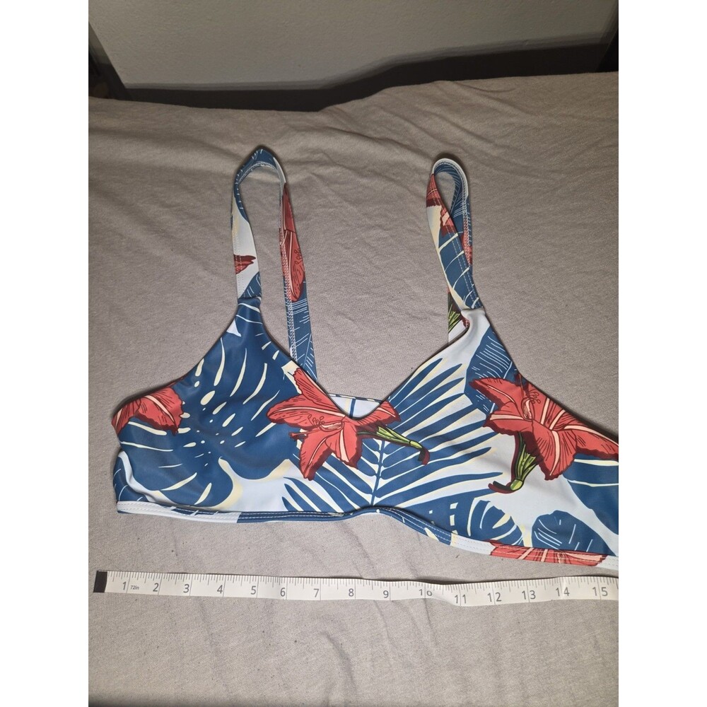 Beau Jussi Womens Bikini Top XL Blue Red Tropical Floral V Neck Swimwear
